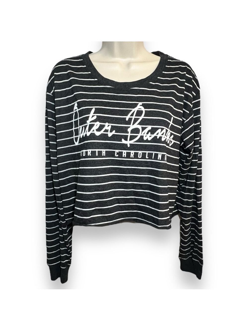 Bloom + Pop Women’s Cropped Long Sleeve Outer Banks Tee Gray Stripe Size Large
